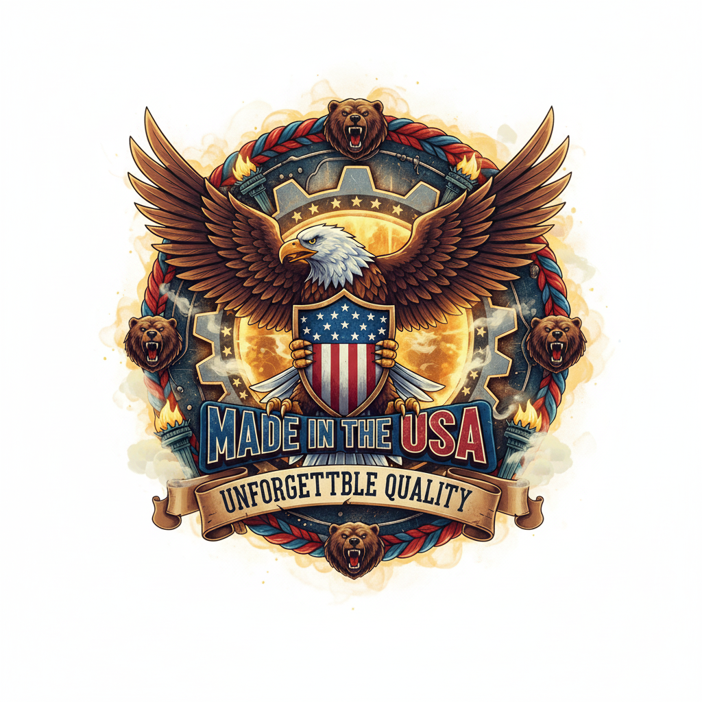 Eagle holding an American flag with 'Made in the USA' text on a white background