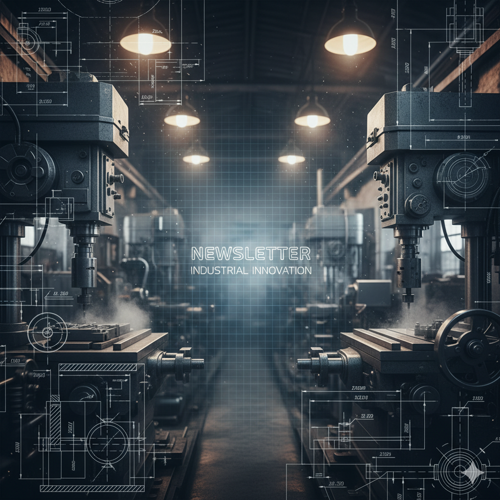 Industrial setting with machinery and a newsletter text overlay on technical drawings.